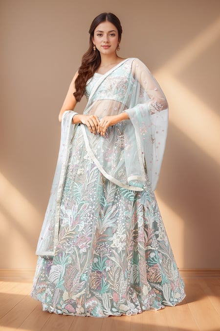 Buy Samyukta Singhania Blue Net, Linen Sequins, Cut Work, Embroidery Floral Lehenga Set Buy_Samyukta Singhania_Blue Net, Linen Sequins, Cut Work, Embroidery Floral Lehenga Set