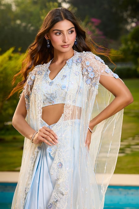 Buy_Aariyana Couture_Blue Modal, Satin Applique V-neck Embroidered Baby Cape Bustier Skirt Set