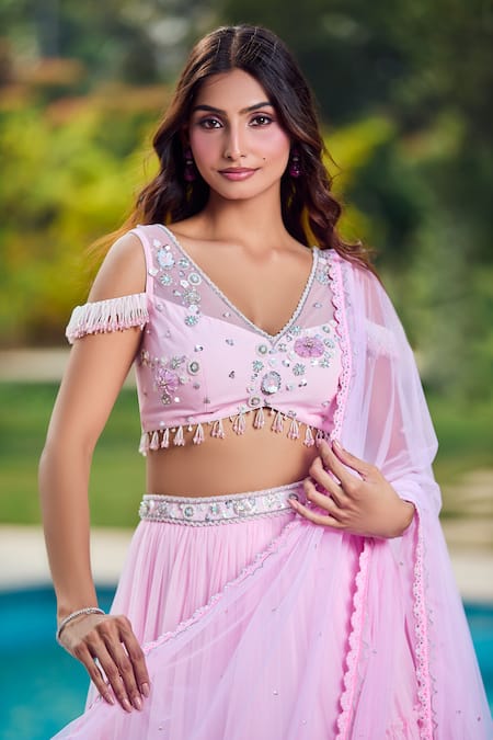 Buy_Aariyana Couture_Pink Tulle, Net Beads, Sequins, Embroidery V-neck Baby Hand Lehenga Set 