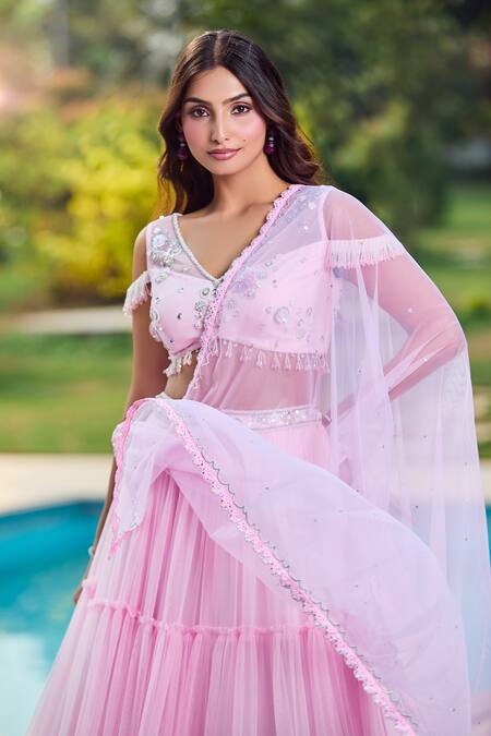 Shop_Aariyana Couture_Pink Tulle, Net Beads, Sequins, Embroidery V-neck Baby Hand Lehenga Set 