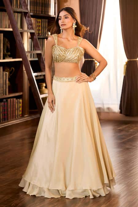 Aariyana Couture Gold Tissue Embroidery, Ruffles Sweetheart Neck Hand Lehenga Set at Aza Fashions Aariyana Couture_Gold Tissue Embroidery, Ruffles Sweetheart Neck Hand Lehenga Set_at_Aza_Fashions