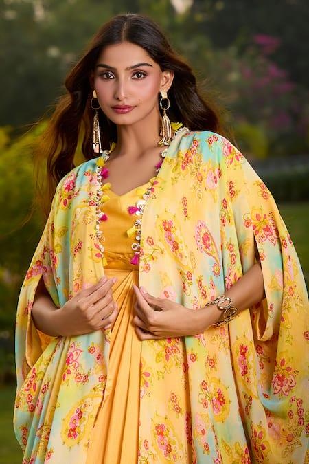 Shop_Aariyana Couture_Yellow Silk V-neck Draped Chanderi Tunic And Cape Set