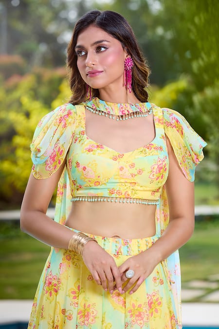 Aariyana Couture_Yellow Chiffon Tassels Sweetheart Neck Fusion Lehenga Set With Dupatta_Online_at_Aza_Fashions