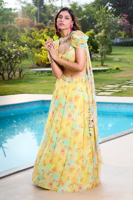 Shop_Aariyana Couture_Yellow Chiffon Tassels Sweetheart Neck Fusion Lehenga Set With Dupatta_Online_at_Aza_Fashions