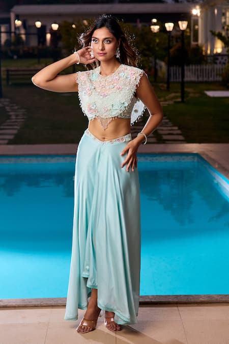 Aariyana Couture_Blue Modal, Satin Applique Round Neck Powder Embroidered Cape Set_at_Aza_Fashions