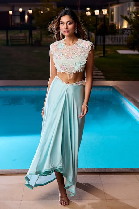 Buy_Aariyana Couture_Blue Modal, Satin Applique Round Neck Powder Embroidered Cape Set