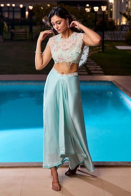 Shop_Aariyana Couture_Blue Modal, Satin Applique Round Neck Powder Embroidered Cape Set