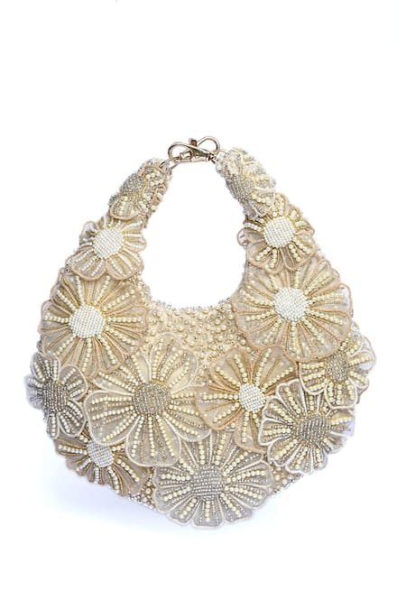 ClutcH'D_Gold Beads Floral Ivory Handbag _Online_at_Aza_Fashions