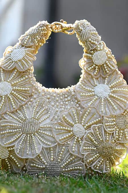 Buy_ClutcH'D_Gold Beads Floral Ivory Handbag _Online_at_Aza_Fashions