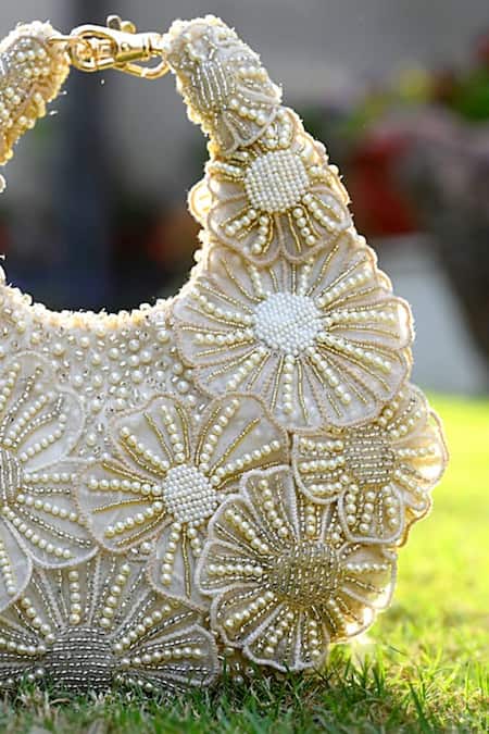 Shop_ClutcH'D_Gold Beads Floral Ivory Handbag _Online_at_Aza_Fashions