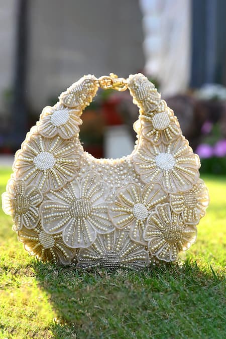 Clutch'D Gold Beads Floral Ivory Handbag 