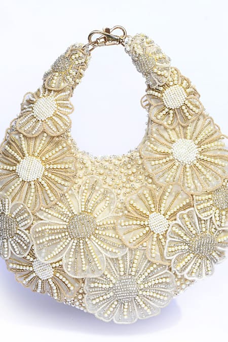 ClutcH'D_Gold Beads Floral Ivory Handbag _at_Aza_Fashions