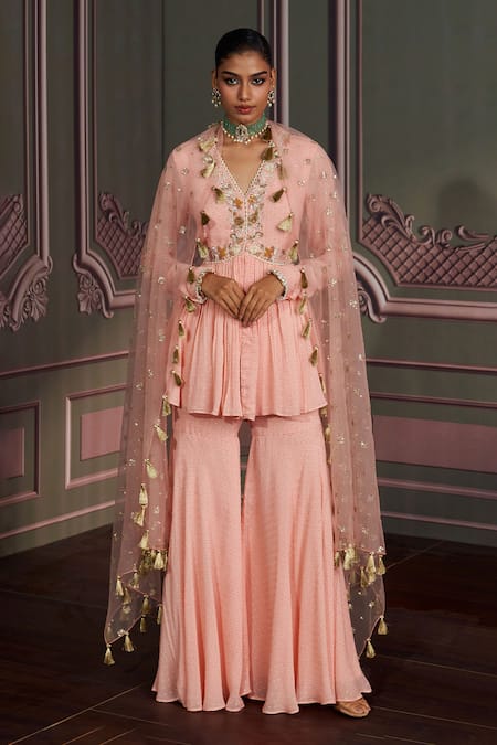 Mustard Moon by Neyha and Vrinda Pink Georgette, Net Embroidery, Tassels V-neck Liva Rose Kurta Set With Dupatta 