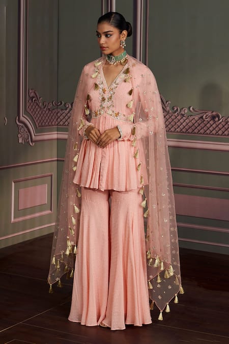 Mustard Moon By Neyha And Vrinda_Pink Georgette, Net Embroidery, Tassels V-neck Liva Rose Kurta Set With Dupatta _Online_at_Aza_Fashions