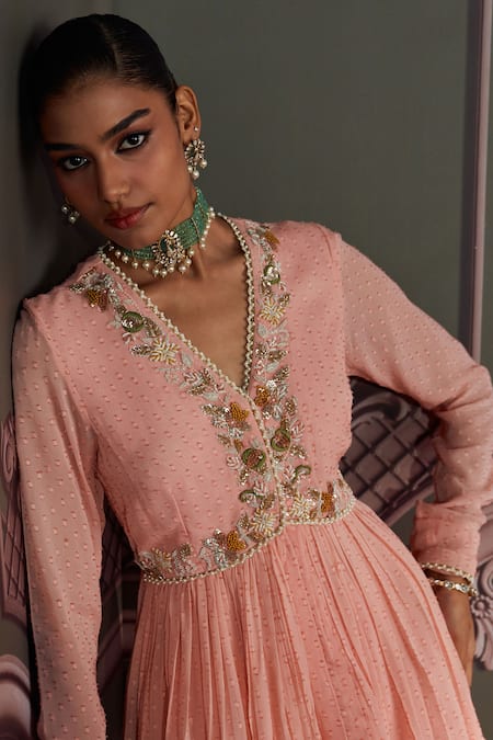 Buy_Mustard Moon By Neyha And Vrinda_Pink Georgette, Net Embroidery, Tassels V-neck Liva Rose Kurta Set With Dupatta _Online_at_Aza_Fashions