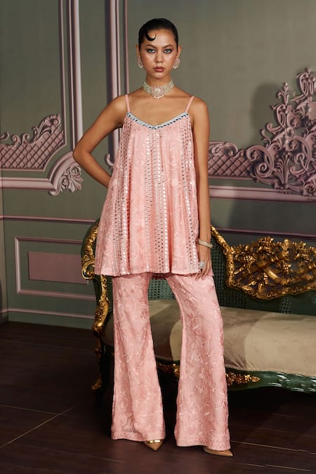 Shop_Mustard Moon By Neyha And Vrinda_Pink Georgette, Net Embroidery, Tassels V-neck Liva Rose Kurta Set With Dupatta _Online_at_Aza_Fashions