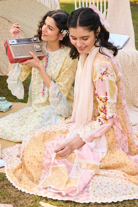 Saundh_Off White Cotton Satin Embroidery Round Floral Printed Anarkali Set With Dupatta _Online_at_Aza_Fashions