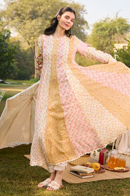 Shop_Saundh_Off White Cotton Satin Embroidery Round Floral Printed Anarkali Set With Dupatta _Online_at_Aza_Fashions