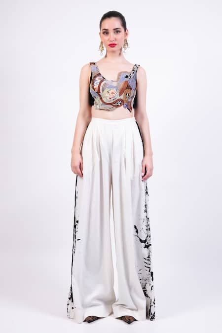 AK-OK Black Silk Embroidery Round Neck Designer Top And Pant Set 