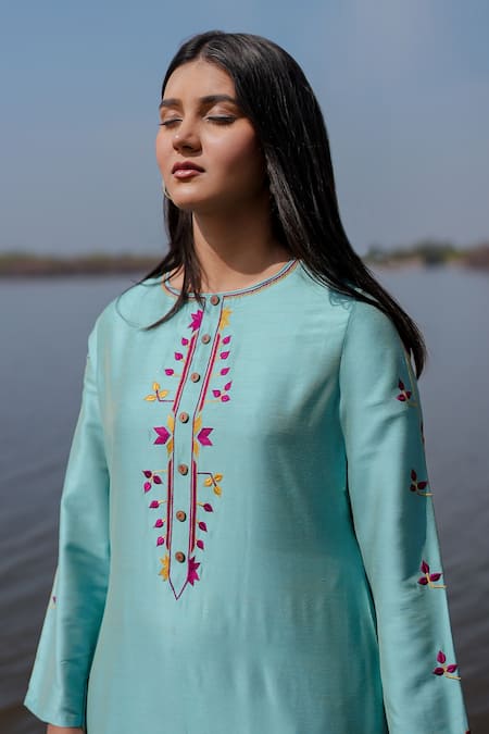 Shop_The Home Affair_Blue Cotton, Chiffon Embroidery Round Neck Designer Kurta Set With Dupatta _Online_at_Aza_Fashions