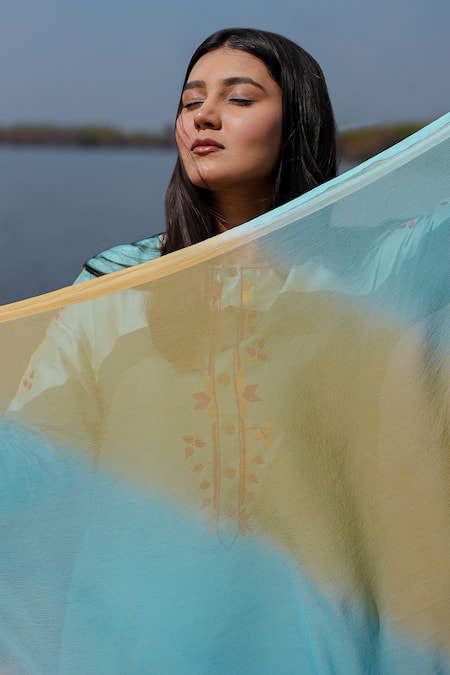 The Home Affair_Blue Cotton, Chiffon Embroidery Round Neck Designer Kurta Set With Dupatta _at_Aza_Fashions