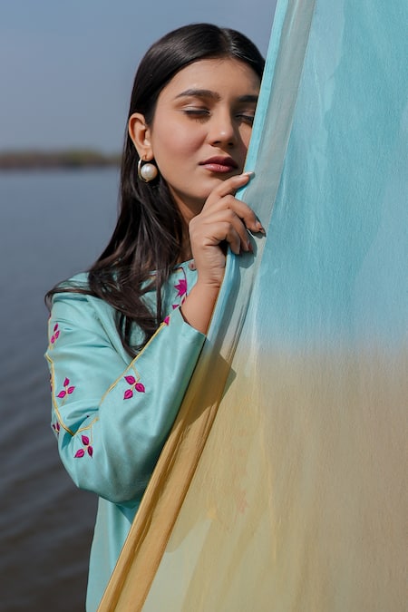 Buy_The Home Affair_Blue Cotton, Chiffon Embroidery Round Neck Designer Kurta Set With Dupatta 