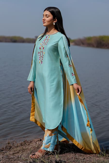 Shop_The Home Affair_Blue Cotton, Chiffon Embroidery Round Neck Designer Kurta Set With Dupatta 