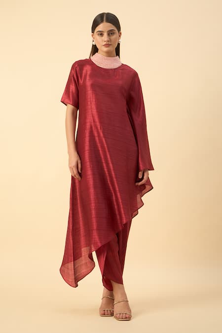 Aakaar Brown Silk Beads Round Neck Copper Matka Kurta Set 