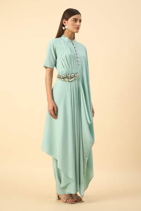 Aakaar Blue Modal Beads Collared Draped Kurta Set Online at Aza Fashions Aakaar_Blue Modal Beads Collared Draped Kurta Set _Online_at_Aza_Fashions
