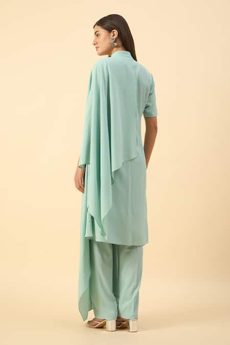 Shop Aakaar Blue Modal Beads Collared Draped Kurta Set at Aza Fashions Shop_Aakaar_Blue Modal Beads Collared Draped Kurta Set _at_Aza_Fashions