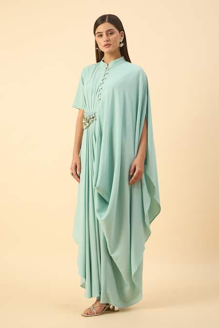Shop Aakaar Blue Modal Beads Collared Draped Kurta Set Online at Aza Fashions Shop_Aakaar_Blue Modal Beads Collared Draped Kurta Set _Online_at_Aza_Fashions