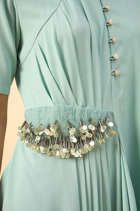 Aakaar Blue Modal Beads Collared Draped Kurta Set at Aza Fashions Aakaar_Blue Modal Beads Collared Draped Kurta Set _at_Aza_Fashions