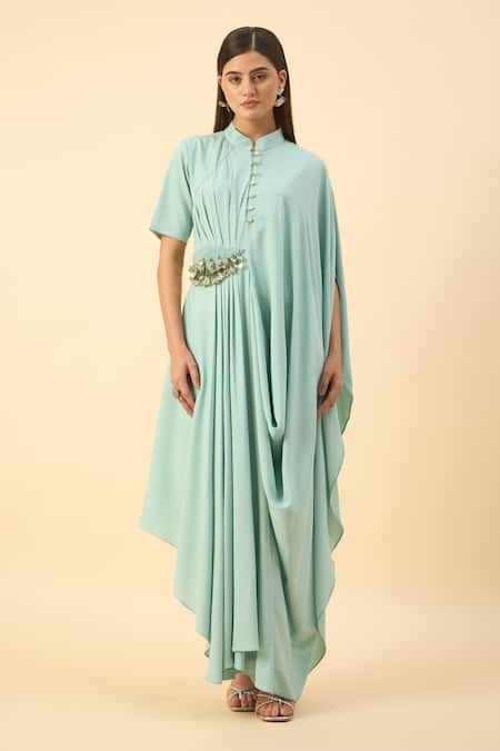 Aakaar Blue Modal Beads Collared Draped Kurta Set 