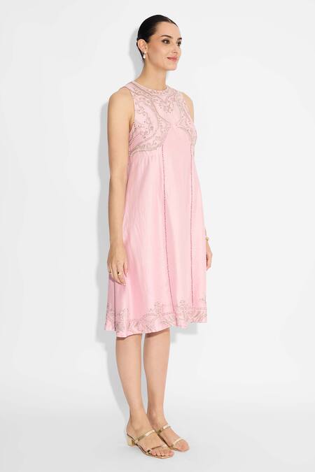 SHASHA GABA_Pink Polyester, Chanderi Embroidery Round Neck Embellished Rosette Dress _Online_at_Aza_Fashions