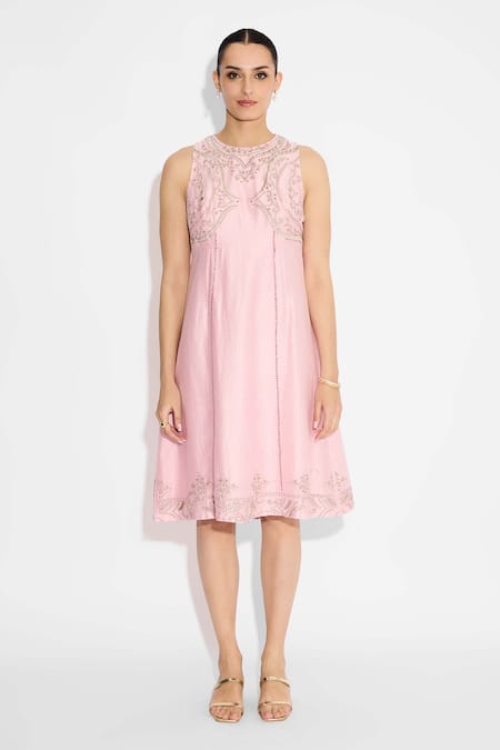 Buy_SHASHA GABA_Pink Polyester, Chanderi Embroidery Round Neck Embellished Rosette Dress _Online_at_Aza_Fashions