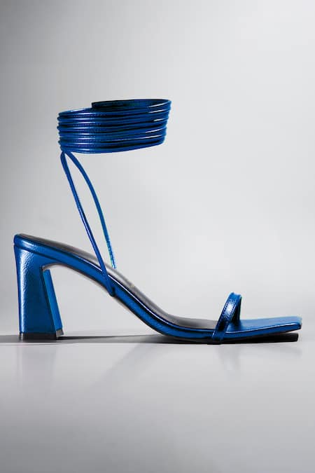 Signature Sole_Blue Electric Metallic Wrap Block Heels _Online_at_Aza_Fashions