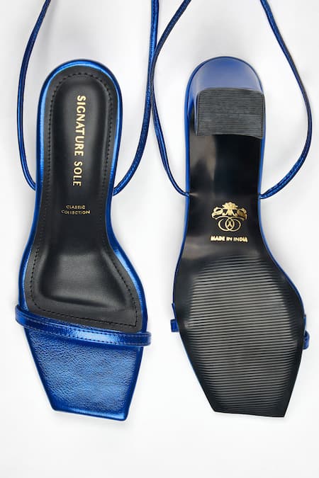 Signature Sole Electric Blue Metallic Wrap Block Heels 