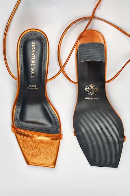 Signature Sole Molten Orange Metallic Wrap Block Heels 