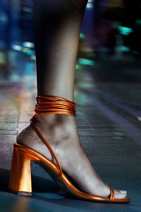 Signature Sole_Orange Molten Metallic Wrap Block Heels _Online_at_Aza_Fashions