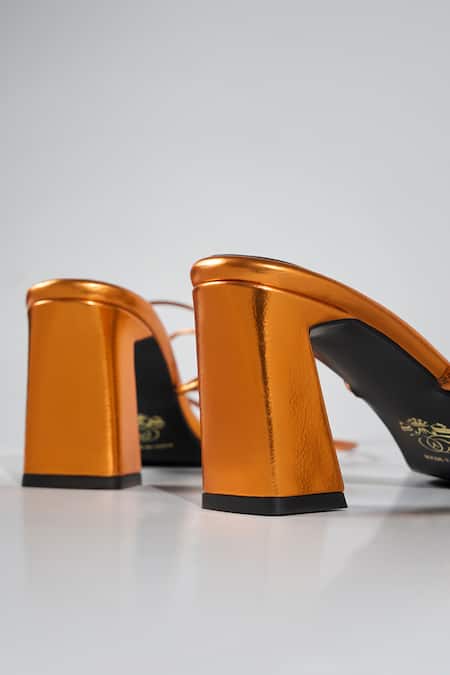 Buy_Signature Sole_Orange Molten Metallic Wrap Block Heels _Online_at_Aza_Fashions