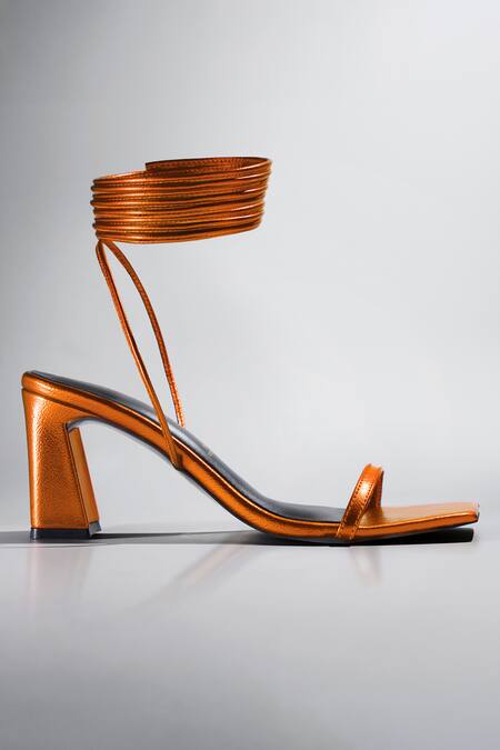 Shop_Signature Sole_Orange Molten Metallic Wrap Block Heels _Online_at_Aza_Fashions
