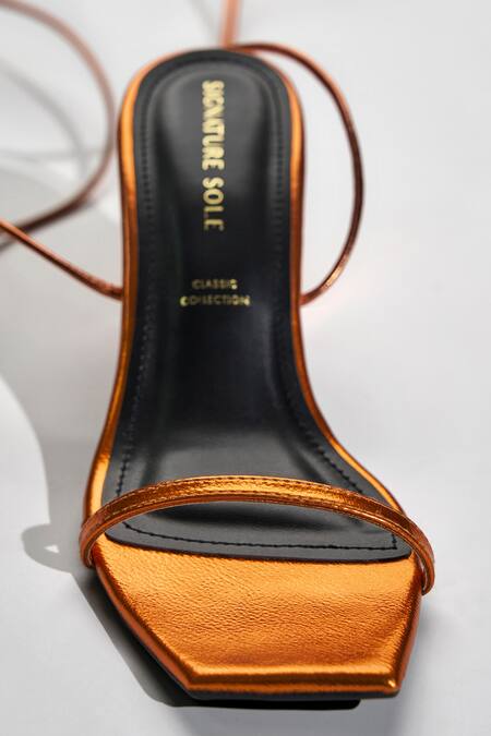 Signature Sole_Orange Molten Metallic Wrap Block Heels _at_Aza_Fashions