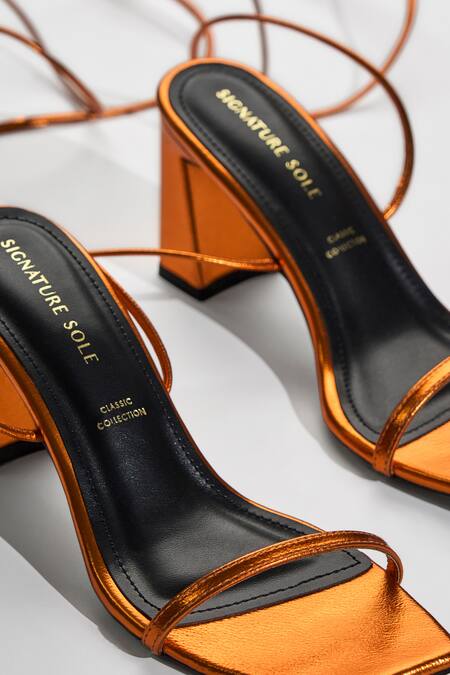 Buy_Signature Sole_Orange Molten Metallic Wrap Block Heels 