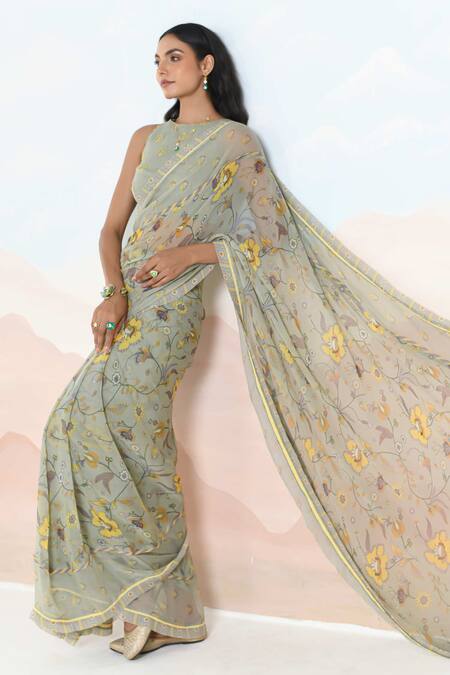 Baise Gaba_Green Chiffon Embroidery Floral Print Azalea Saree Set _Online_at_Aza_Fashions