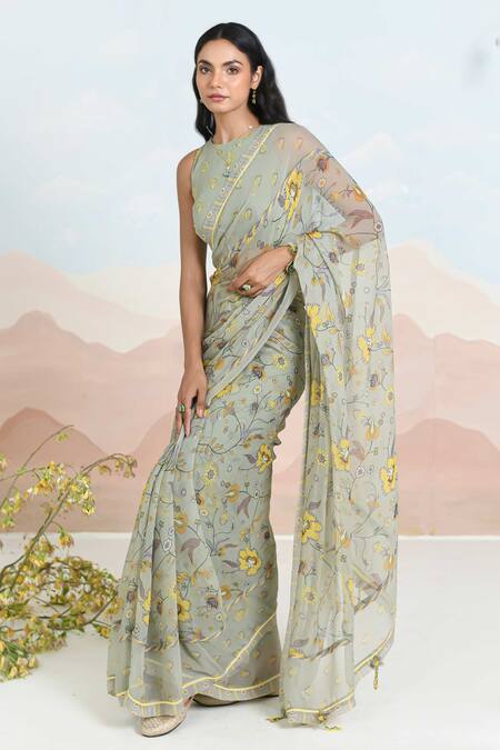 Buy_Baise Gaba_Green Chiffon Embroidery Floral Print Azalea Saree Set _Online_at_Aza_Fashions