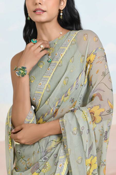 Shop_Baise Gaba_Green Chiffon Embroidery Floral Print Azalea Saree Set _Online_at_Aza_Fashions