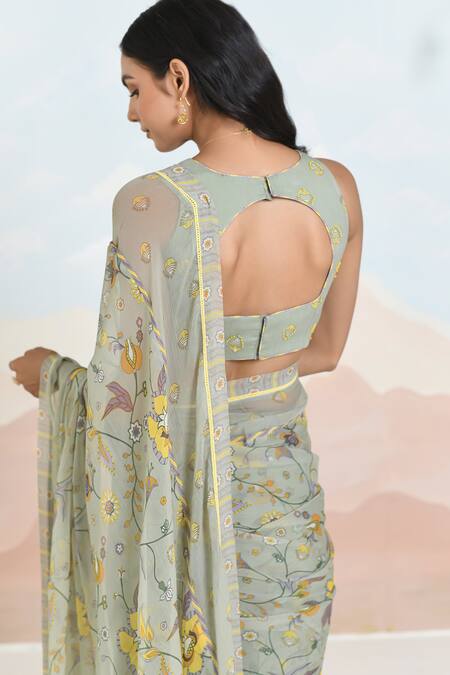 Baise Gaba_Green Chiffon Embroidery Floral Print Azalea Saree Set _at_Aza_Fashions