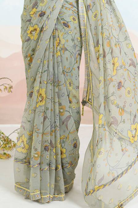 Shop_Baise Gaba_Green Chiffon Embroidery Floral Print Azalea Saree Set 