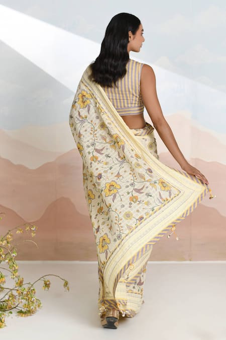 Shop Baise Gaba Beige V-neck Bloomline Designer Saree With Blouse at Aza Fashions Shop_Baise Gaba_Beige V-neck Bloomline Designer Saree With Blouse _at_Aza_Fashions