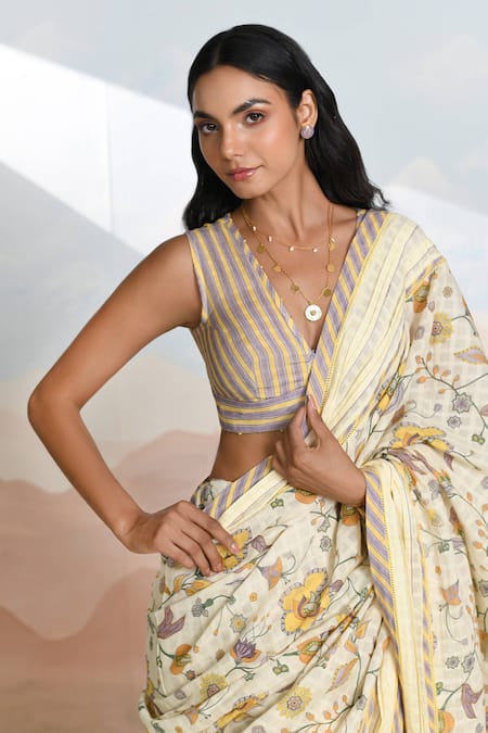Baise Gaba Beige V-neck Bloomline Designer Saree With Blouse Online at Aza Fashions Baise Gaba_Beige V-neck Bloomline Designer Saree With Blouse _Online_at_Aza_Fashions